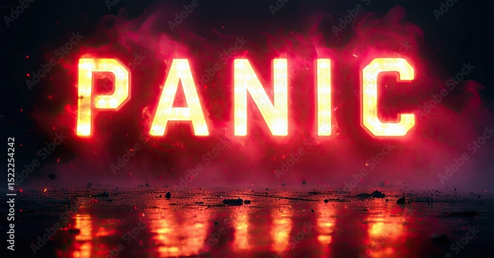 Poster bright, fiery text spells panic. dramatic lighting, reflection creates intense visual impact. red hu