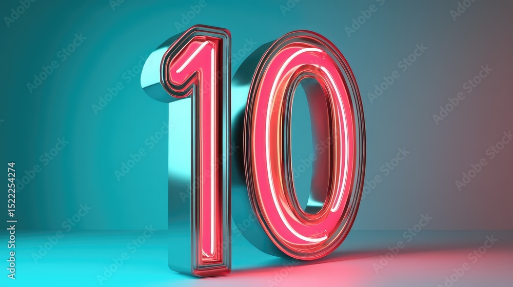 Aufkleber neon glowing number 10 illuminated in pink and blue colors on a gradient background, creating a vibr