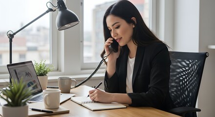 A professional businesswoman making a phone call while taking notes at her desk, showing her busy day