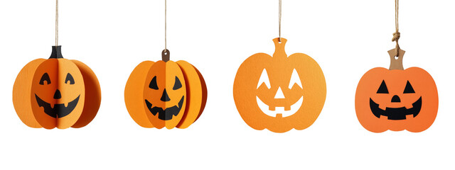 Variety of hanging pumpkin decorations, ideal for Halloween parties on transparent background