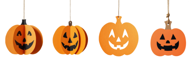 Variety of hanging pumpkin decorations, ideal for Halloween parties on transparent background