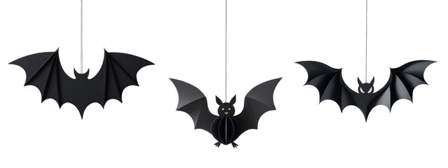 Black paper bats hanging on strings, perfect for spooky Halloween room decoration on transparent background