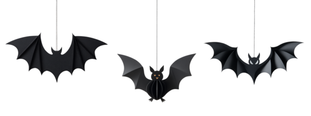Black paper bats hanging on strings, perfect for spooky Halloween room decoration on transparent background