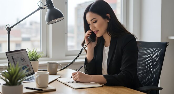 A professional businesswoman making a phone call while taking notes at her desk, showing her busy day