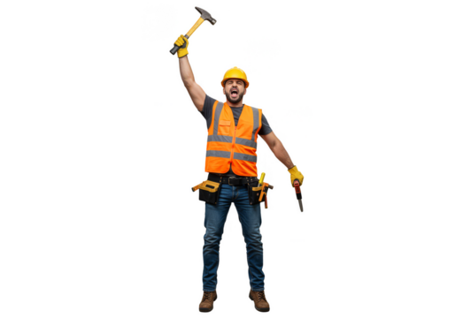 Isolated Cheerful Construction Worker With Yellow Helmet Holds Hammer