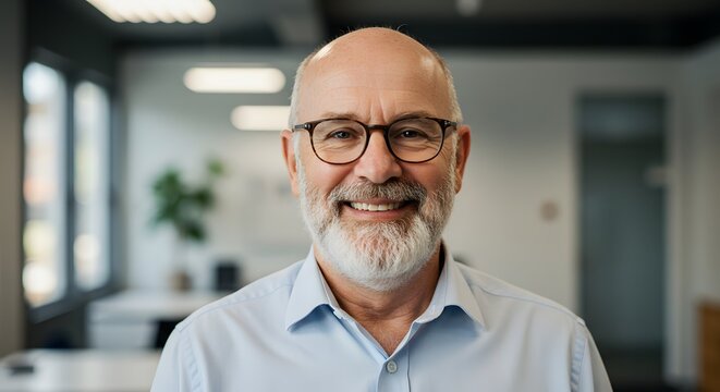 A senior man with glasses smiles happily in an office environment