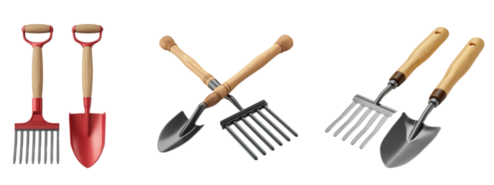 Set of garden tools including hand rakes and spades with wooden handles, isolated on transparent background