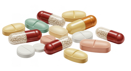 Isolated Close Up Heap of Colorful Pills Capsules and Tablets PNG Image
