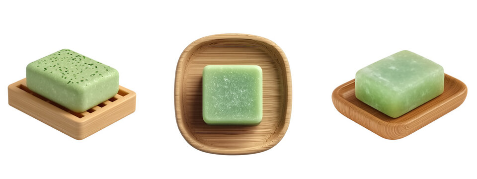 Green solid shampoo bars placed on wooden trays. Eco-friendly hair care product pn transparent background