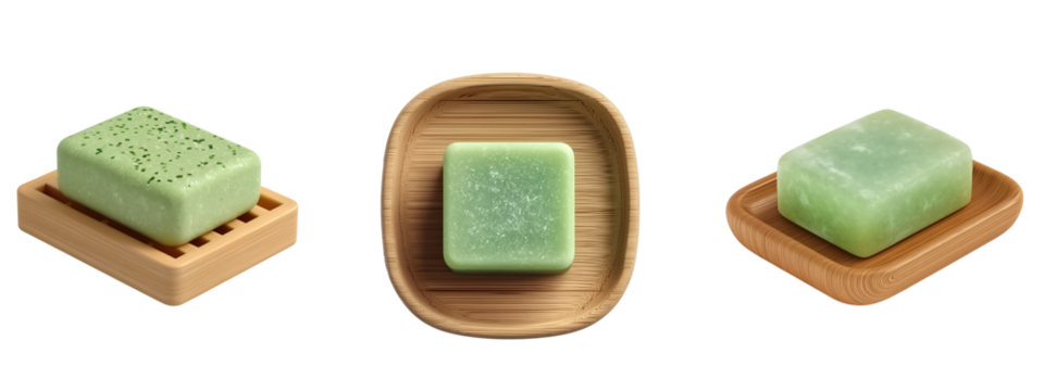 Green solid shampoo bars placed on wooden trays. Eco-friendly hair care product pn transparent background