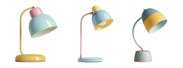 Stylish pastel desk lamps in various shapes, featuring simple modern design on transparent background
