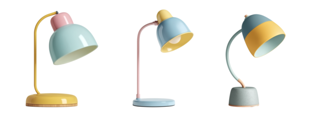 Stylish pastel desk lamps in various shapes, featuring simple modern design on transparent background