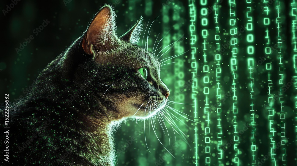 Poster enigmatic feline gaze with illuminating green binary code in the background, a perfect blend of natu
