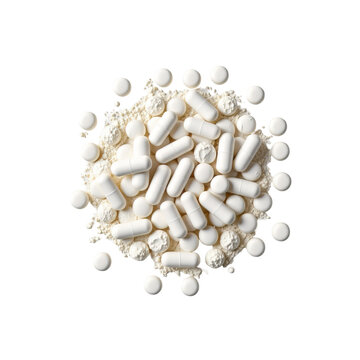 White Pills and Powder on White Background Depicting Pharmaceutical Products and Medical Concepts