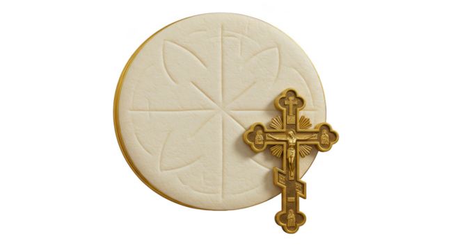 Isolated Closeup of Holy Communion Host with Golden Cross in PNG Format