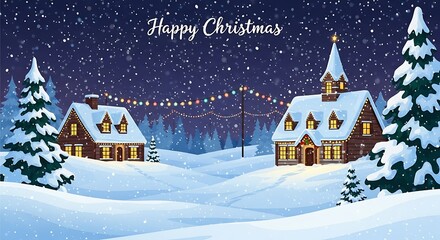 Fototapeta premium Snowy Christmas Village Night Scene Festive Winter Wonderland Illustration