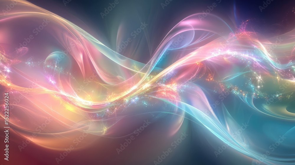 Poster abstract flowing waves of colorful light with soft glows and sparkles, creating a dreamlike atmosphe