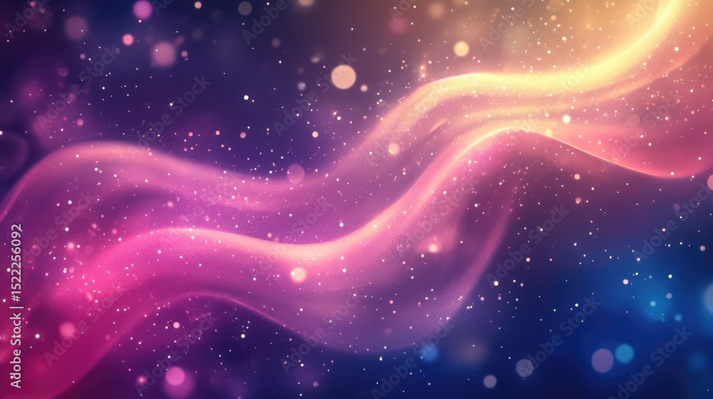 Poster abstract swirls of vibrant colors in a dreamy atmosphere filled with glowing particles and lights, c