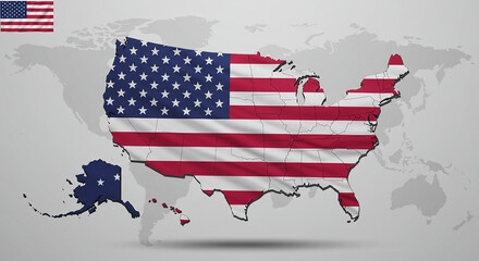 USA map flag: A vibrant 3D illustration of the United States map with the national flag, symbolizing the country's patriotism and geography