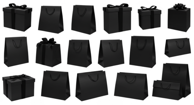 Isolated Black Gift Bag Shopping Package in Transparent Background