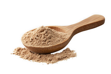 High-resolution maca powder in wooden spoon image, nutritional supplement, superfood ingredient, healthy eating, cooking ingredient isolated on transparent background