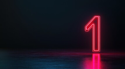 Neon Number One in a Dark Environment with Shimmering Reflection on Water Surface, Ideal for Celebrations, Events, and Milestones, Glowing Pink and Blue Light Effects