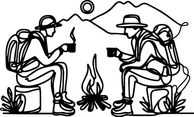 Fototapeta premium Two hikers enjoying coffee by a campfire in the mountains 