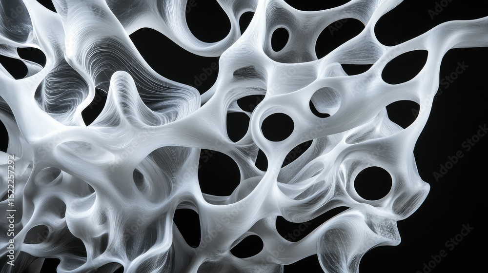 Poster abstract display of white organic forms intertwined in intricate patterns with a black background re