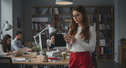 A professional woman in red pants, engrossed in her phone, stands confidently in a modern office. Surrounded by colleagues, the scene radiates productivity and contemporary work environment.