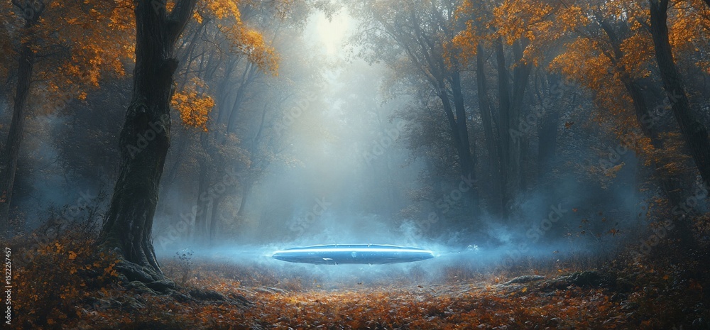 Poster mysterious encounter: an unidentified object hovers in a foggy autumn forest