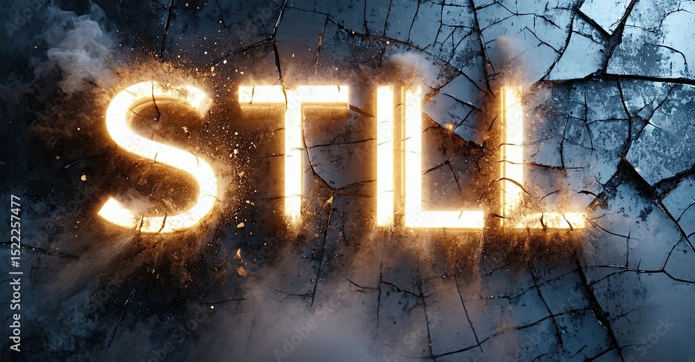 Poster dramatic image shows word still glowing through cracked surface. dark background emphasizes intense 