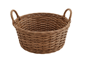 Isolated Brown Wicker Basket Container Round Shape With Handle