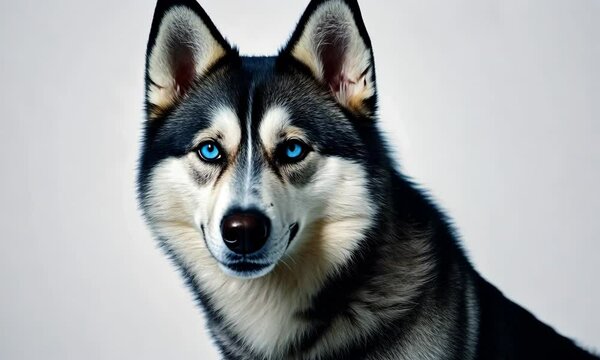 A captivating portrait of a purebred Siberian Husky puppy, showcasing its white fur and cute, wolf-like features 4k video