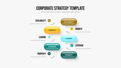Naklejka premium Creative Portfolio Five Option Infographic Slide Layout. Market Strategy Presentation Design Vector Illustration. Investor Overview 5 Element Diagram Slideshow Template.