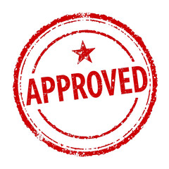 Red circular stamp with a star and the word Approved in bold text isolated on a white background
