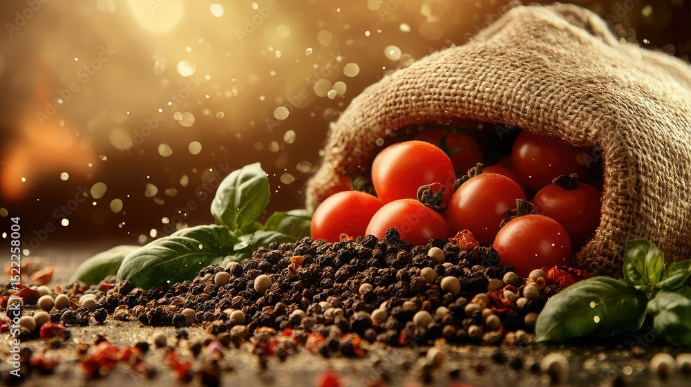 Poster Fresh Red Tomatoes with Assorted Spices and Aromatic Herbs in a Rustic Setting Enhancing Culinary Experience and Garden Fresh Essence