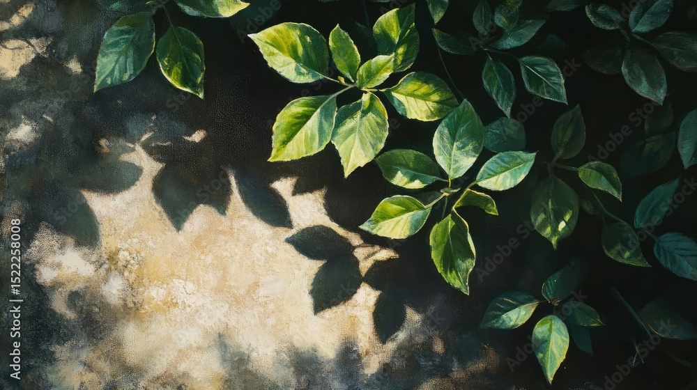 Poster lush green leaves casting intricate shadows on a soft textured surface in natural light, creating a 