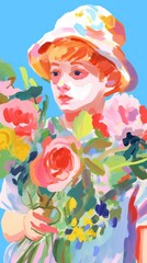 Naklejka premium Boy with flowers painting art cartoon.