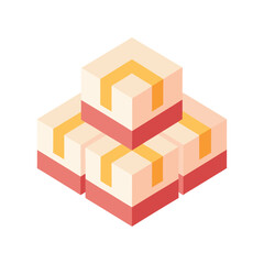 Minimalist isometric illustration of stacked boxes with yellow and red accents
