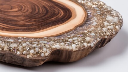 Fototapeta premium A wooden tray with a stone border and a shiny, glittery surface