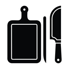 Obraz premium Cutting Board and Kitchen Knife Silhouette Icon – Minimalist Black and White Cooking Tools Illustration