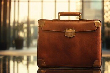 Classic leather briefcase sits on a reflective surface.