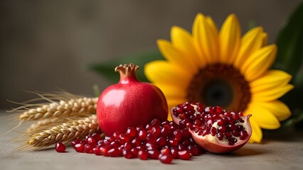 still life o natura morta con melograno, girasole e spighe di grano: simbolo di fortuna abbondanza e benessere