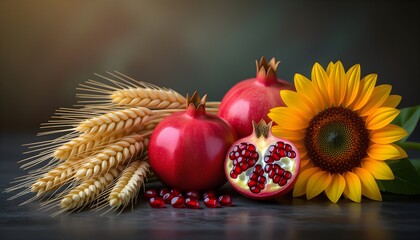 still life o natura morta con melograno, girasole e spighe di grano: simbolo di fortuna abbondanza e benessere