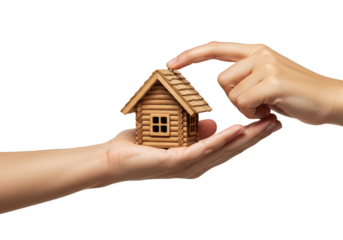 Isolated Close Up of Wooden Miniature House Held In Hands on Transparent