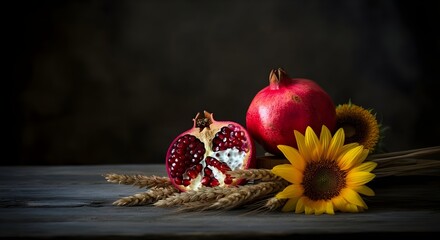 still life o natura morta con melograno, girasole e spighe di grano: simbolo di fortuna abbondanza e benessere