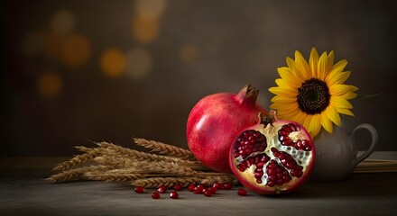 still life o natura morta con melograno, girasole e spighe di grano: simbolo di fortuna abbondanza e benessere