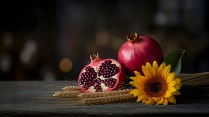 still life o natura morta con melograno, girasole e spighe di grano: simbolo di fortuna abbondanza e benessere