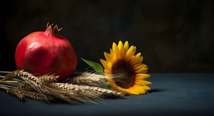 still life o natura morta con melograno, girasole e spighe di grano: simbolo di fortuna abbondanza e benessere