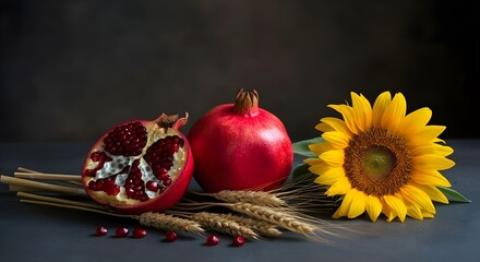still life o natura morta con melograno, girasole e spighe di grano: simbolo di fortuna abbondanza e benessere